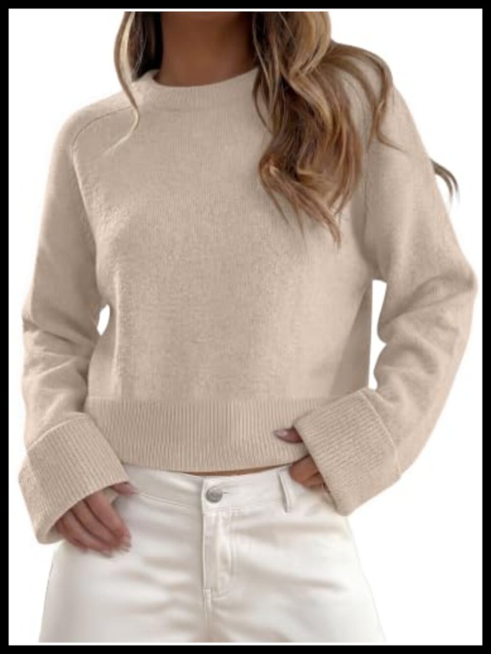 Cropped Knit Sweater Pullover Lightweight Crew Neck Ribbed